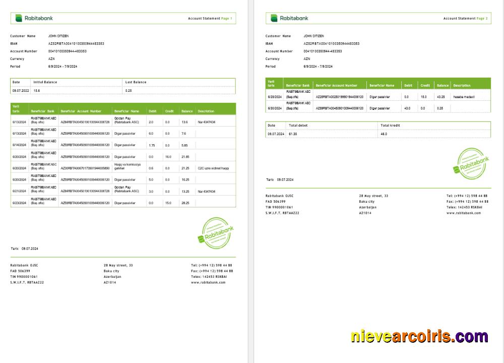 Azerbaijan Rabitabank bank statement Word and PDF 2 pages